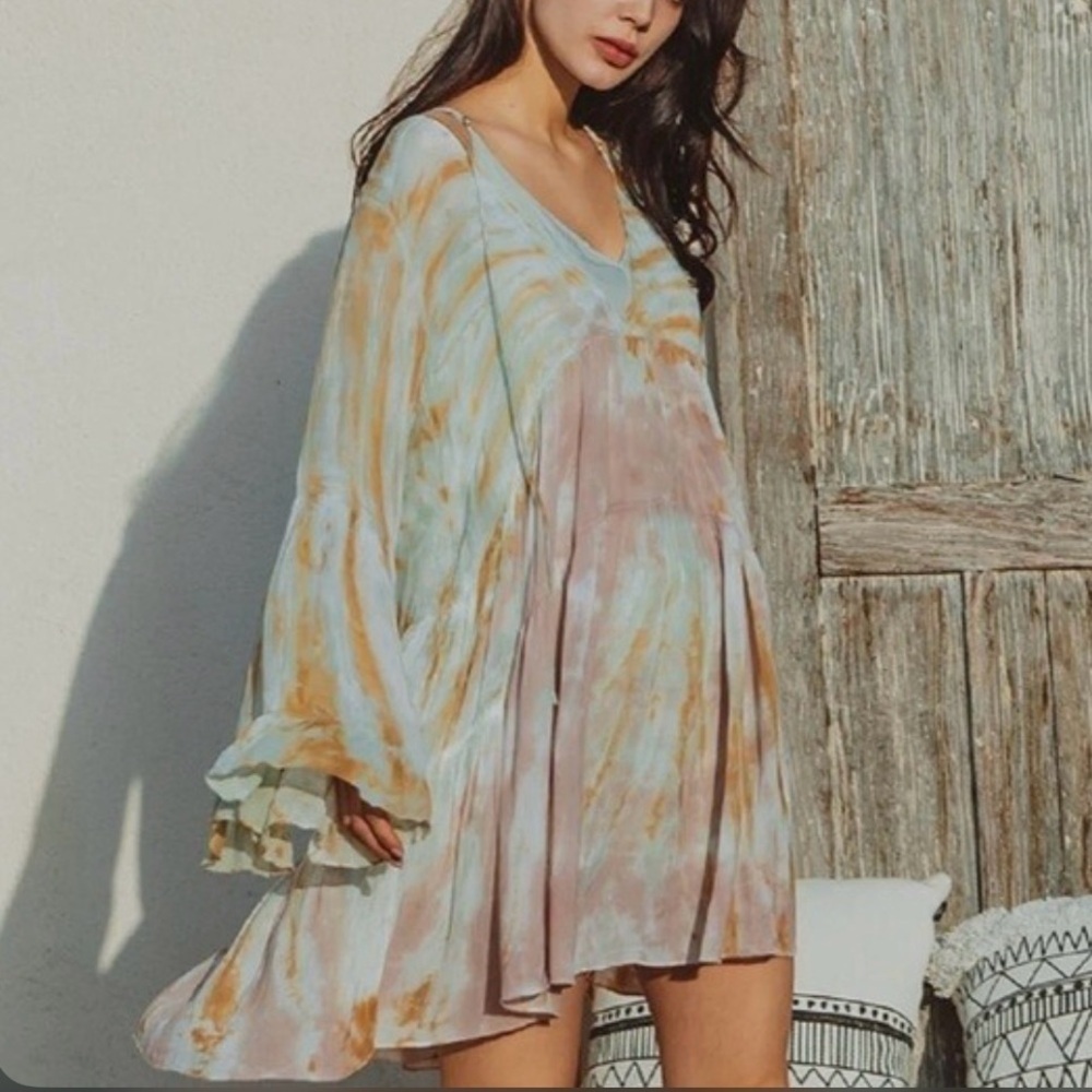 YOUNG FABULOUS & BROKE Green Pink Multi Boho Chiffon Tie Dye Shift Dress Small